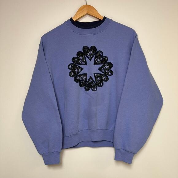 Vintage Heart Sweatshirt 90s Grandma Sweater Blue Crew Vtg - Picture 1 of 2